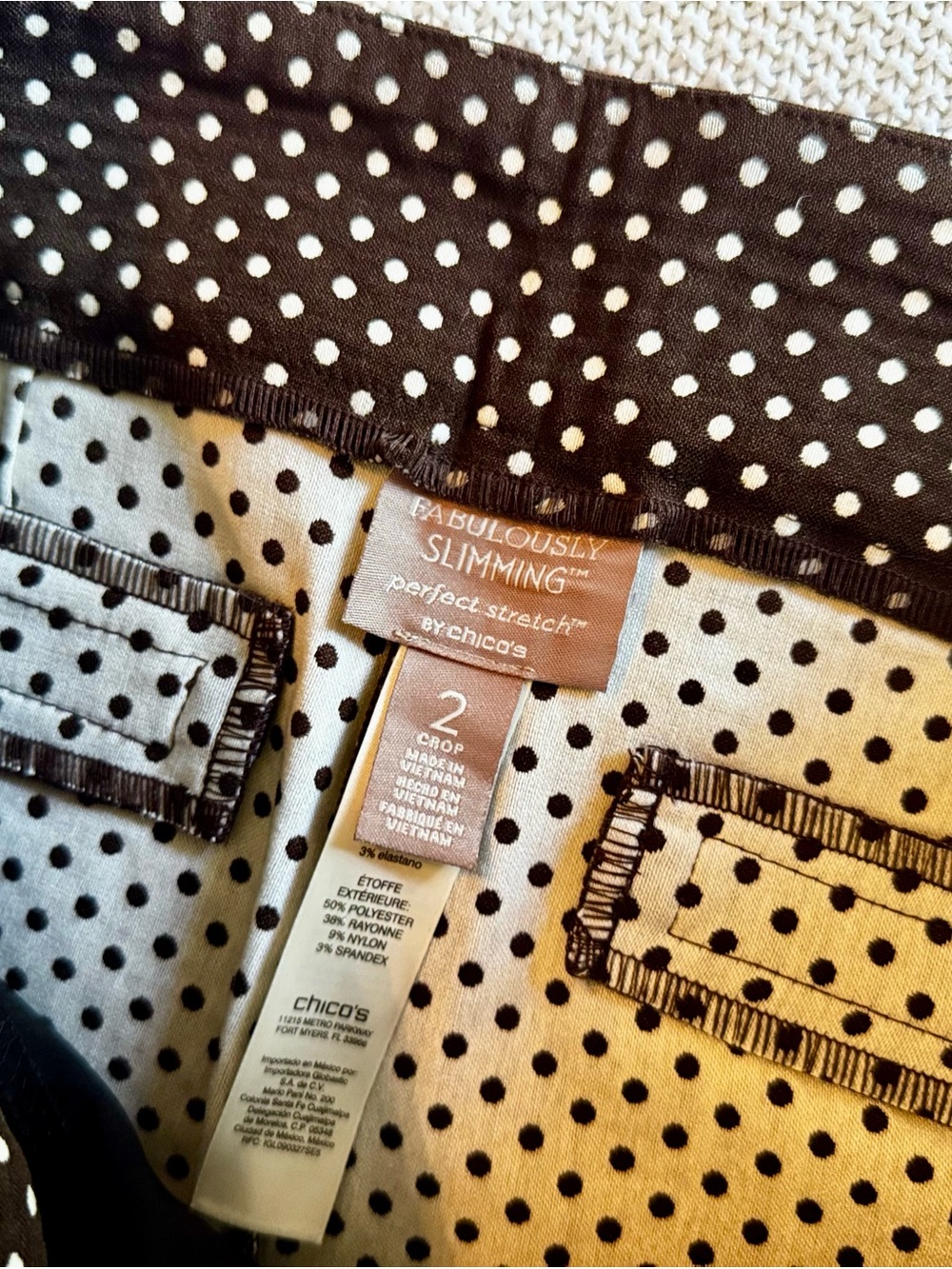 CHICOS Fabulously Slimming Stretch Chocolate Brown White Polka Dot Cropped Pants - Picture 9 of 16